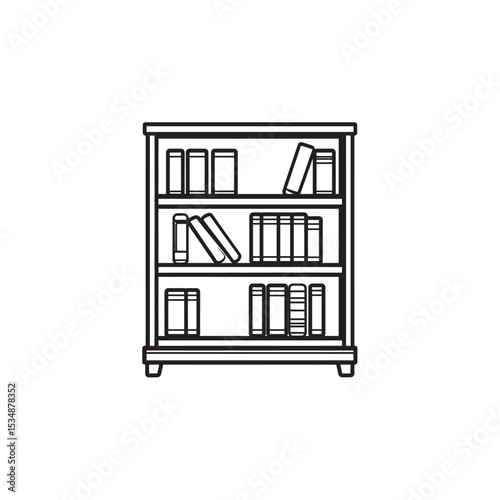 Outline Illustration of a ThreeTiered Bookshelf Filled with Books in Varied Arrangements