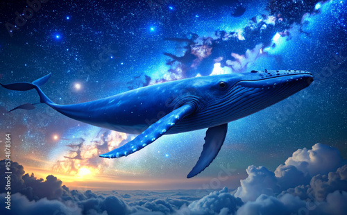 Blue Whale Floating Through Cosmic Sky with Stars and Clouds