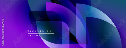 Abstract fluid shapes, vibrant purple, blue gradients. Modern design elements create dynamic visual impact. Background features text labels.