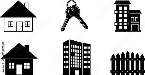 Real estate property investment houses apartments building keys fence home buying selling renting icons editable stock vector illustration
