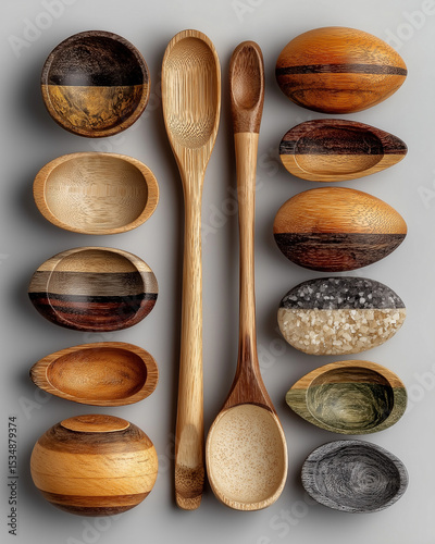 Minimalist flat lay of wooden ladles arranged neatly on white background, rustic and natural style for culinary and home essentials marketing 