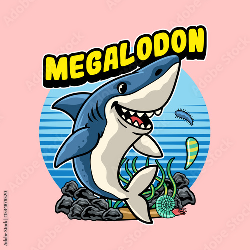 Cute Megalodon Aquatic Character Mascot in Vector Cartoon Illustration