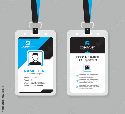 Clean and Professional Blue and Black ID Card Vector Template for Employees
