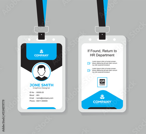 Clean and Professional Blue and Black ID Card Vector Template for Employees
