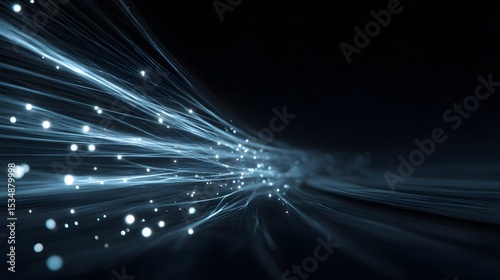Abstract Blue Light Trails Flowing Through Dark Space with Bright Particles