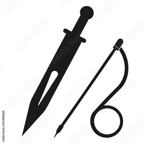 Ancient Roman Gladius Sword and Whip Silhouette Icon Set - Historical Weaponry and Combat Symbols