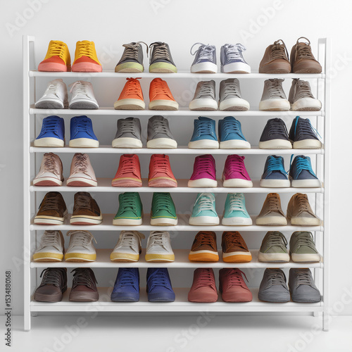 modern shoe organizer with multiple rows filled with colorful footwear in clean home, lifestyle storage solution, plain white background 