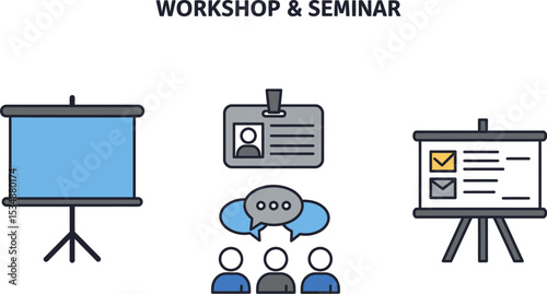 Workshop seminar conference presentation training event meeting learning education badge people board editable stock vector illustration