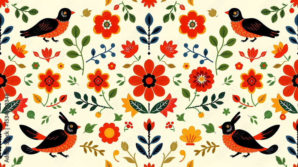 Obraz premium Mexican Otomi Embroidery, Whimsical Floral and Avian Pattern with Symmetrical Arrangement and Bold Colors.