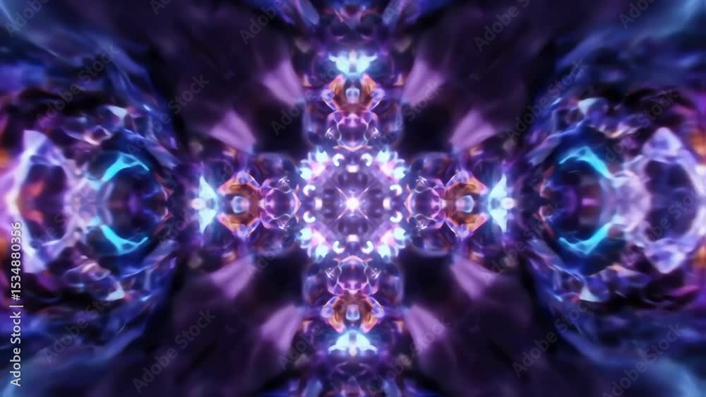 Abstract kaleidoscopic pattern animation featuring swirling textures and luminous violet hues, creating hypnotic tunnel effect, spiritual design concept
