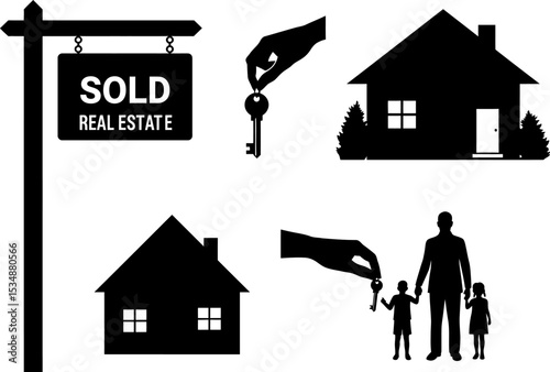 Real estate sold home buying family new house key agent property investment ownership dream home success editable stock vector illustration