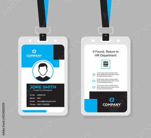 Clean and Professional Blue and Black ID Card Vector Template for Employees
