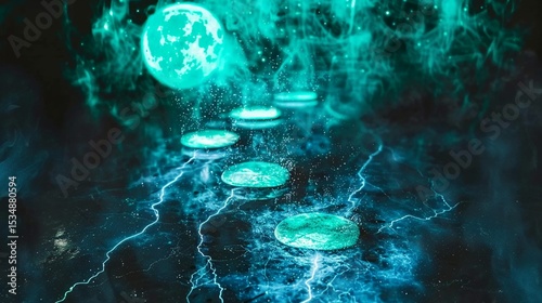 蒼い月と光る道が導く幻想的で神秘的なファンタジー風景  
