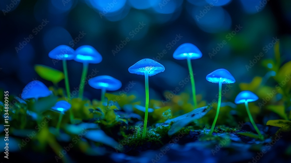 Fototapeta premium Glowing Mushrooms in Dark Forest Night Scene