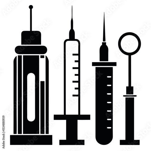 Medical Tools Silhouette Set - Syringe, Injection Pen, and Dental Mirror Icons for Healthcare Design
