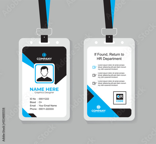 Clean and Professional Blue and Black ID Card Vector Template for Employees
