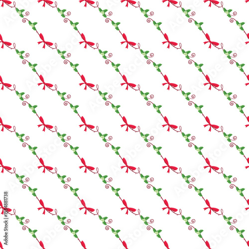 Festive Diagonal Pattern Featuring Red Bows and Green Holly Leaves on White Background