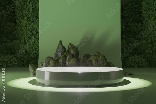 3D render of empty podium platform with green textured background and rock formations