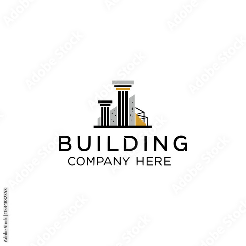 Professional building logo with abstract pillars in grey and black, symbolizing strength, trust and long-term reliability.