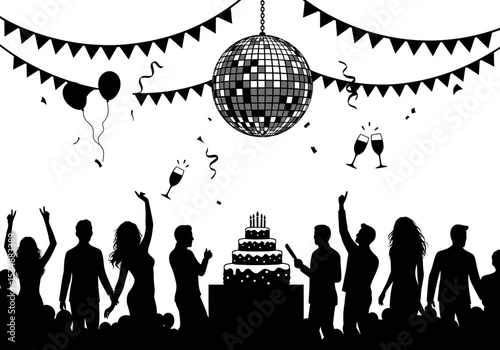 Black and white party silhouette with disco ball cake and people celebrating vector illustration 100 char editable stock vector illustration