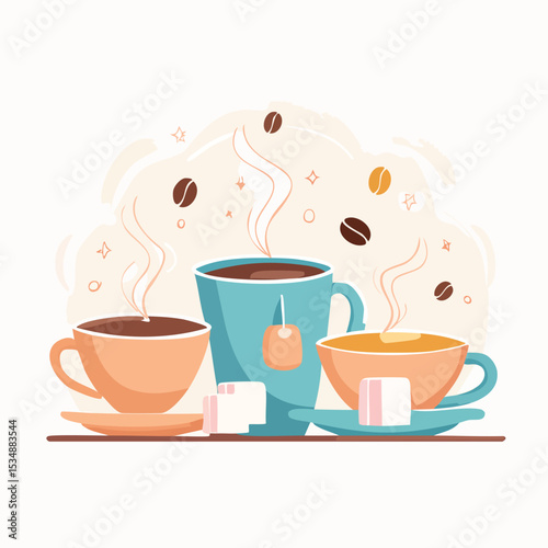 Vector illustration of hot coffee and tea cups with steam and floating coffee beans. Cozy morning beverage concept, perfect for café menus, breakfast designs, or coffee shop promotions.