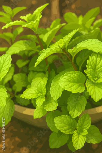 This image showcases a close-up view of a lush mint plant growing in a pot. The leaves are vibrant green with textured, serrated edges and a slightly glossy surface. The lighting creates a warm tone