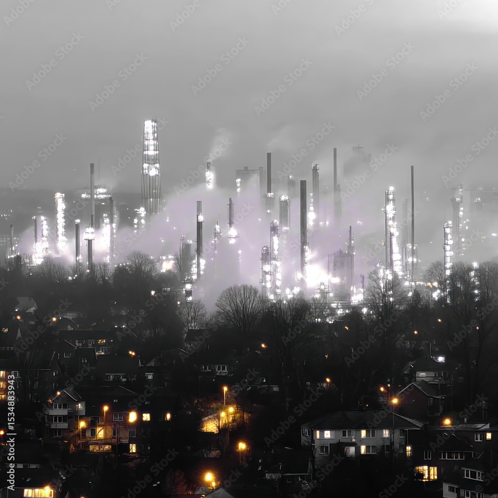 Fototapeta premium Industrial cityscape at night, hazy atmosphere