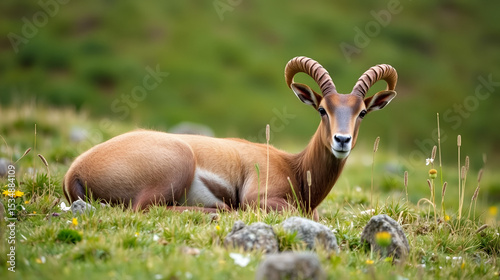 Mouflon lying on a meadow (Ovis ammon musimon)