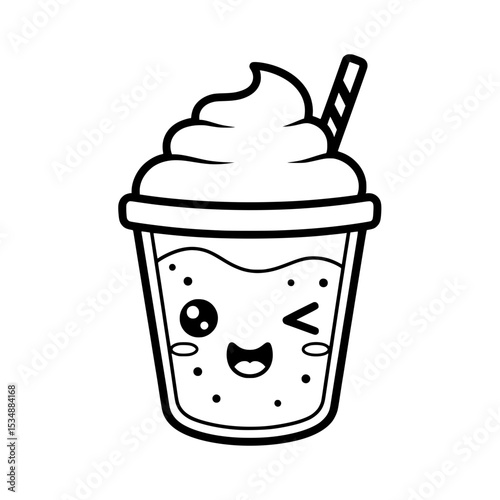 Minimalist and adorable vector illustration of a cold drink in a plastic cup with thick whipped cream on top and a straw. 