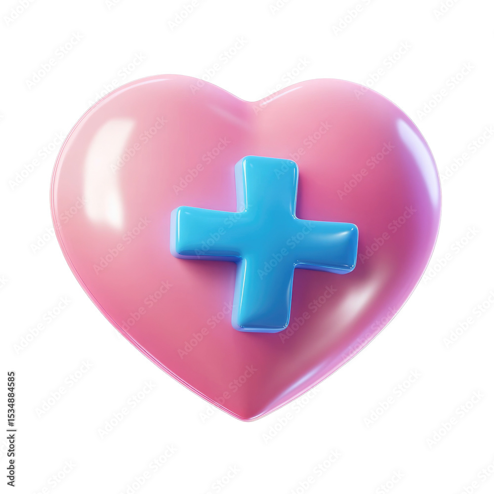 Obraz premium Glossy Pink Heart Icon with Blue Medical Cross Symbol for Healthcare and First Aid Concepts isolated on transparent white background, clipping path