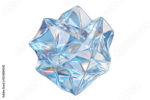 Spinning translucent ice crystal rotating against white backdrop, illustrating winter frost crystallization process