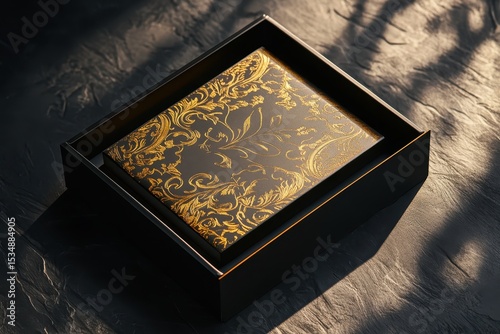 embossed gold lid black square rigid box with shadow.