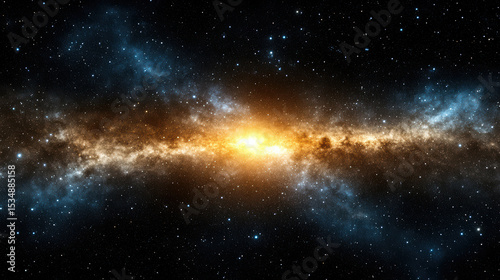 Vast galaxy glowing with bright center, surrounded by stars dark space, creating serene