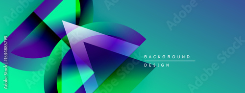 Abstract geometric shapes overlap, creating vibrant color gradients. Design features teal, purple, green hues. Modern aesthetic.