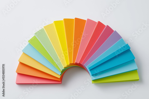 set of colorful sticky notes arranged in a fan shape on bright white background vibrant and practical designs ideal for school supplies promotions or creative project visuals 