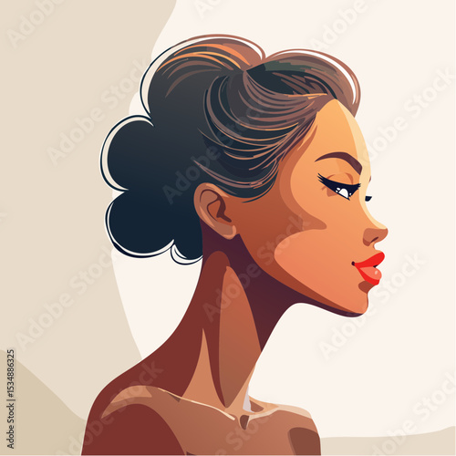 Elegant illustration of a beautiful woman's profile with stylish dark hair and bold makeup