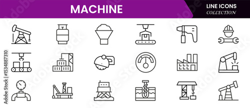 Robust vector web line icons depicting factory machinery, automation, production lines, industrial tools, and efficient manufacturing processes.