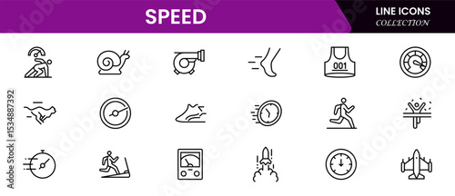 Sleek vector web line icons depicting speed, velocity, acceleration, performance, and dynamic motion for fast-paced activities and technology.