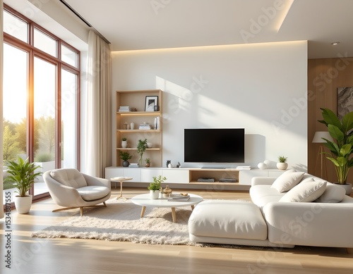Modern living room design residential space interior photography warm natural light wide angle view contemporary aesthetic
