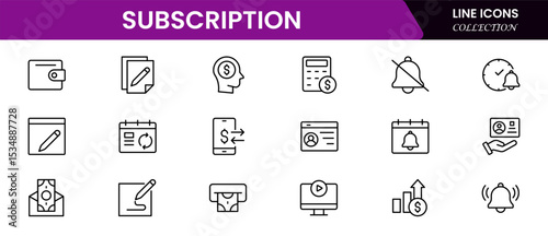 Modern vector web line icons depicting subscription services, recurring payments, memberships, streaming, and digital access for seamless user experiences.