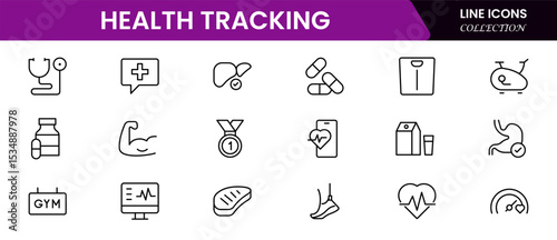 Sleek vector web line icons depicting health tracking, fitness apps, wearables, wellness metrics, and digital health monitoring solutions.