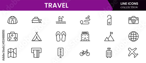 Streamlined vector web line icons depicting travel booking, flights, hotels, itineraries, and seamless online reservation experiences for adventurers.