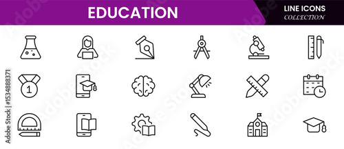 Engaging vector web line icons depicting education, learning, books, e-learning, and academic tools for knowledge and skill development.