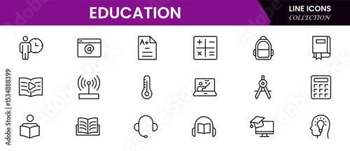 Engaging vector web line icons depicting education, learning, books, e-learning, and academic tools for knowledge and skill development.