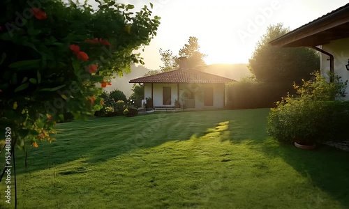 Lush Green Lawn Between House And Cottage Glows At Sunrise With Clear Sky And Verdant Yard In A Serene Landscape