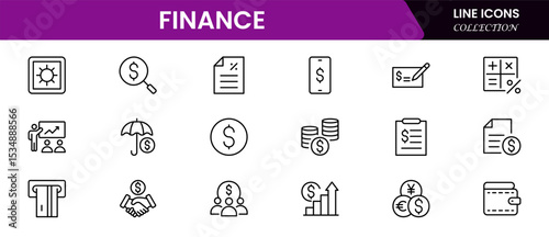 Sleek vector web line icons depicting finance management, budgeting, investments, accounting, and strategic financial planning for wealth growth.