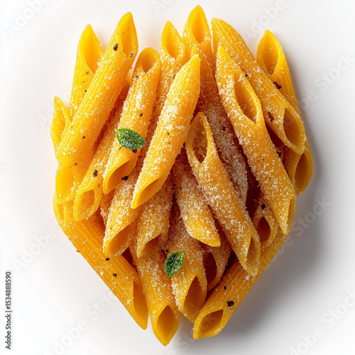 Single piece of uncooked penne pasta isolated on clean white background, perfect for Italian cooking themes, food ingredient visuals, or minimalist grocery product designs