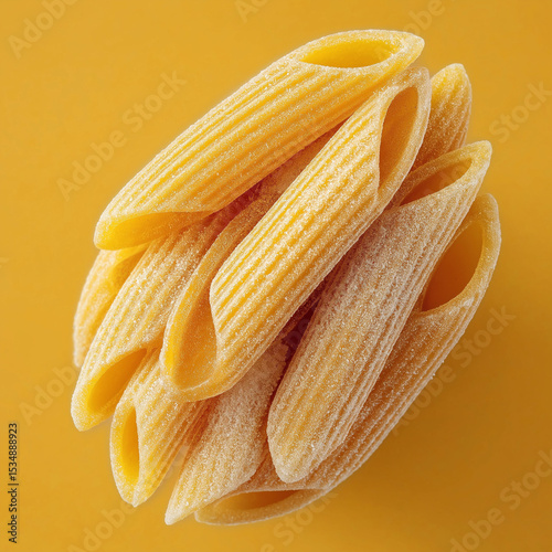 Single piece of uncooked penne pasta isolated on clean white background, perfect for Italian cooking themes, food ingredient visuals, or minimalist grocery product designs