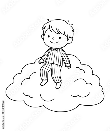 Child floating on a cloud in pajamas