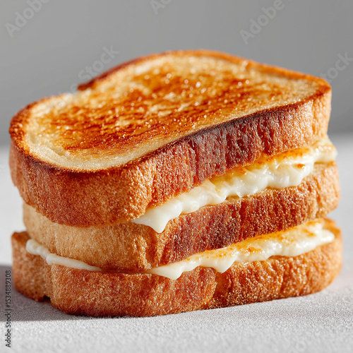 Single slice of golden brown toasted bread on plain white background, perfect for breakfast themes, bakery promotions, or food styling stock images with clean minimal composition
